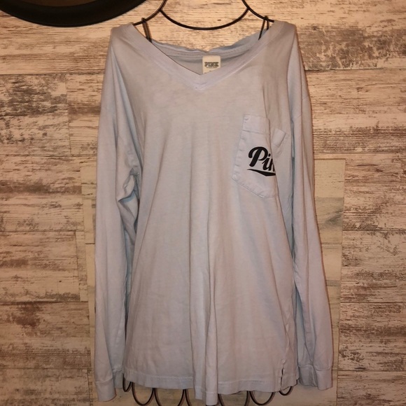 Victoria’s Secret pink long sleeve shirt over sized v-neck top size small blue‌ - Picture 2 of 6